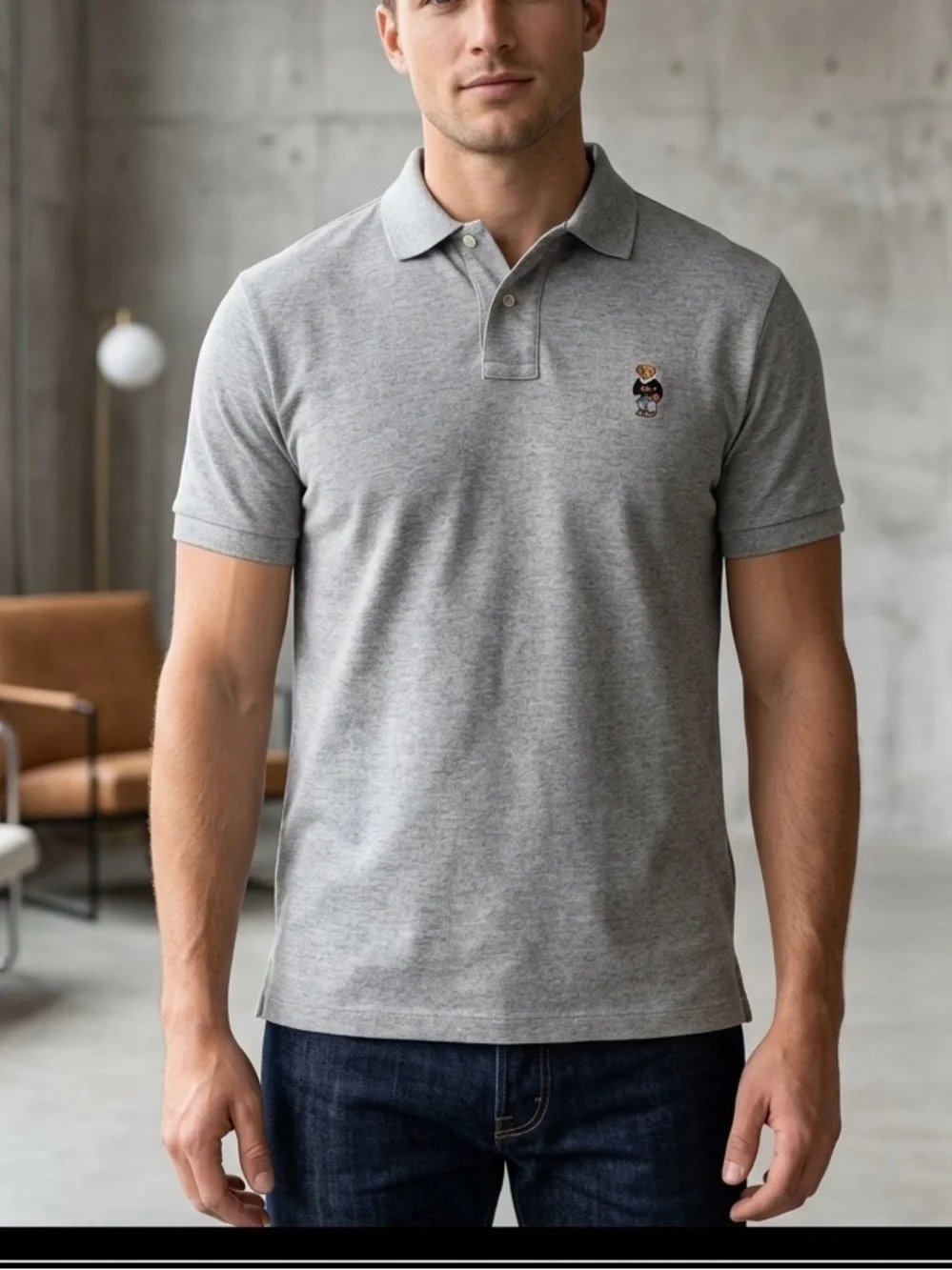 Polo Ralph Lauren Men’s Gray Heather Polo custom fit Basketball USA Bear Patch L